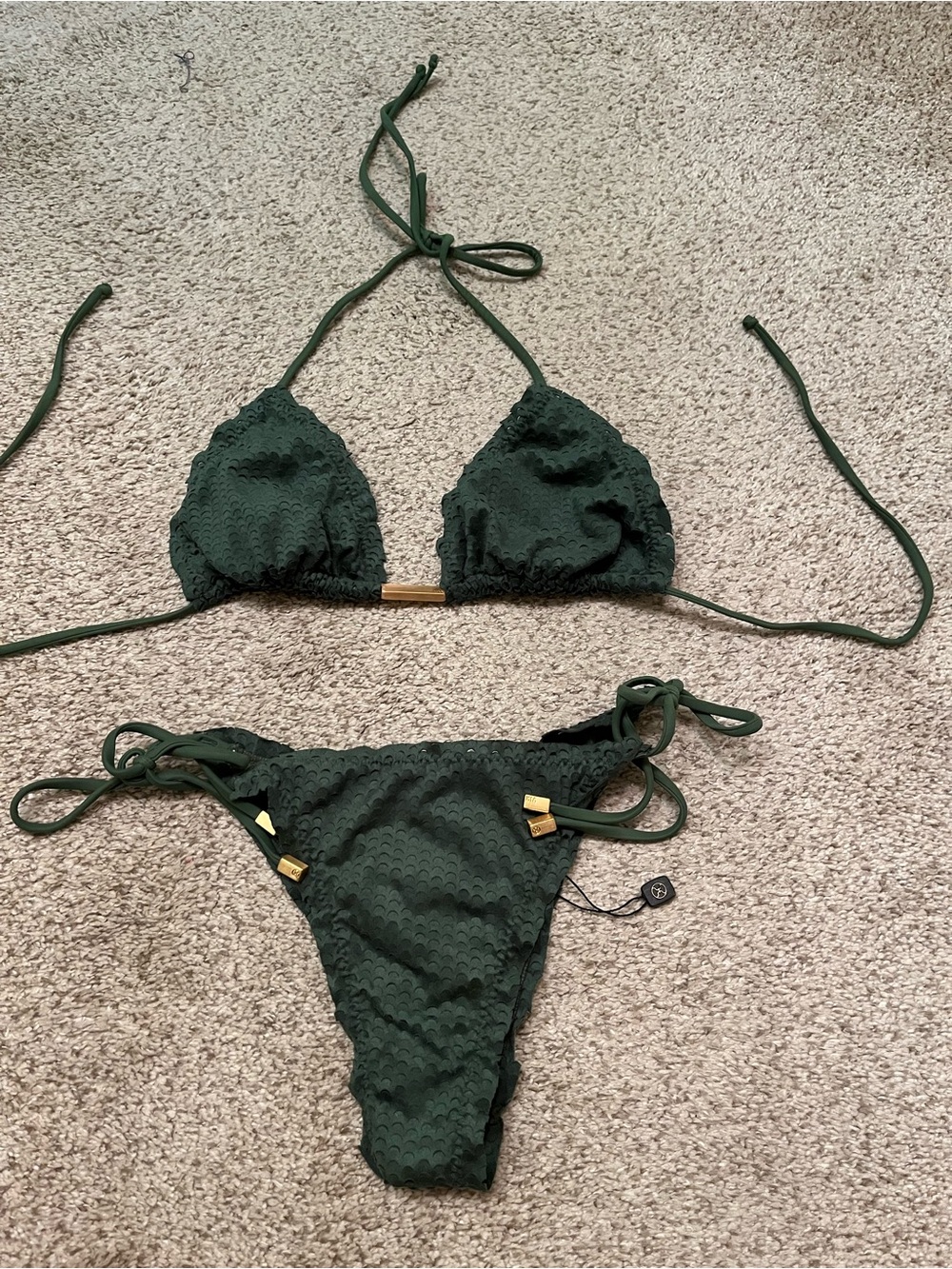 Vix Dark Green Textured Tie-Side Bikini with Gold Accents - Picture 2 of 3